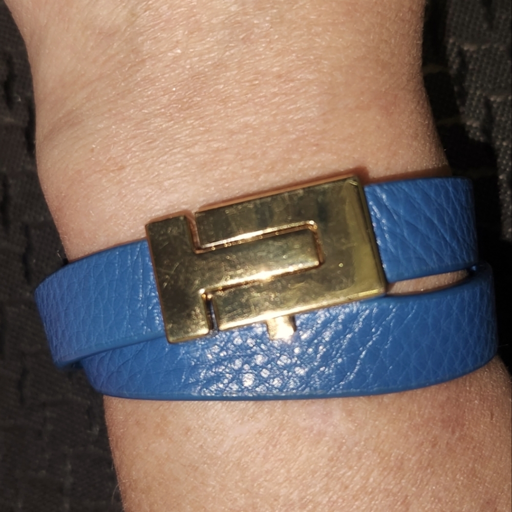 Tory Burch Blue T Wrap Around Leather Bracelet